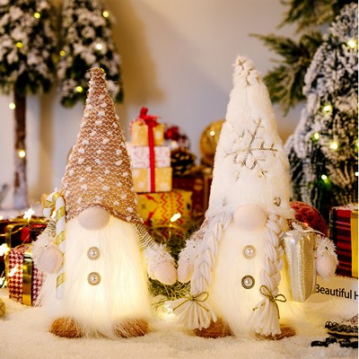 Christmas Decoration Plush Hat Figurine with Lights Holding Gift and Candy Cane Rudolph