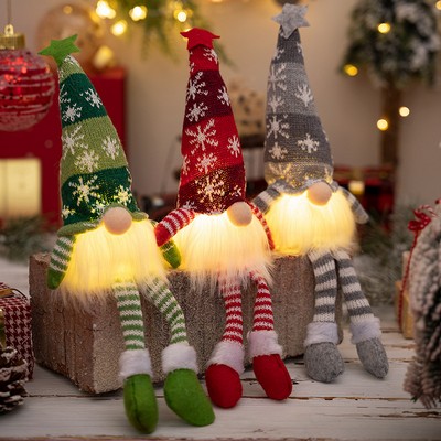 Christmas Forest Santa Snowflake Knit Hat Figurine with Lights Rudolph Hanging Leg Elf Doll
