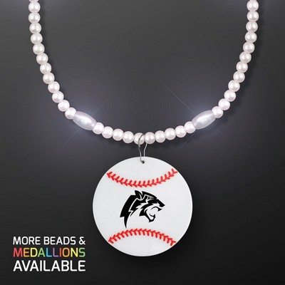 Classy, White LED Pearlescent Bead Necklace with Baseball Medallion - PRINTED