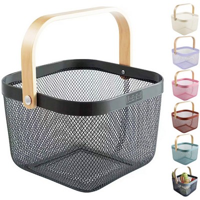 Multi Functional Wooden Handle Mesh Metal Storage Basket