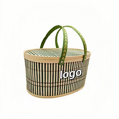 Green Oval Bamboo Basket with Handle for Gift Packaging and Storage