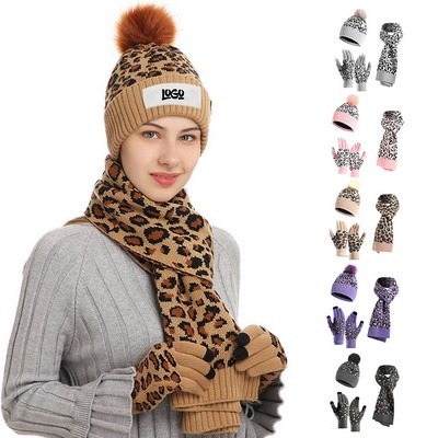 Leopard Print Warm Wool Knitted Hat Scarf Gloves Set