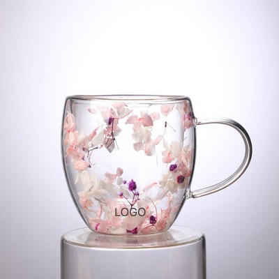 Real Flower Double Wall Insulated Glass Coffee Mug High Borosilicate Handle Gift
