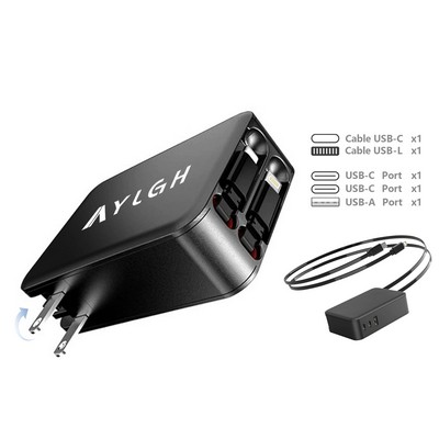 65W Wall Charger w/ Retractable Cable L+C- USB Port A+C+C